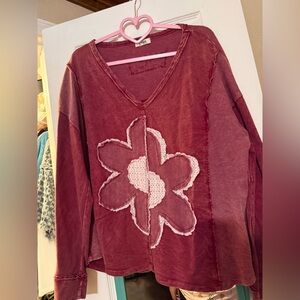Women's V-Neck Floral Long Sleeve Top - Burgundy